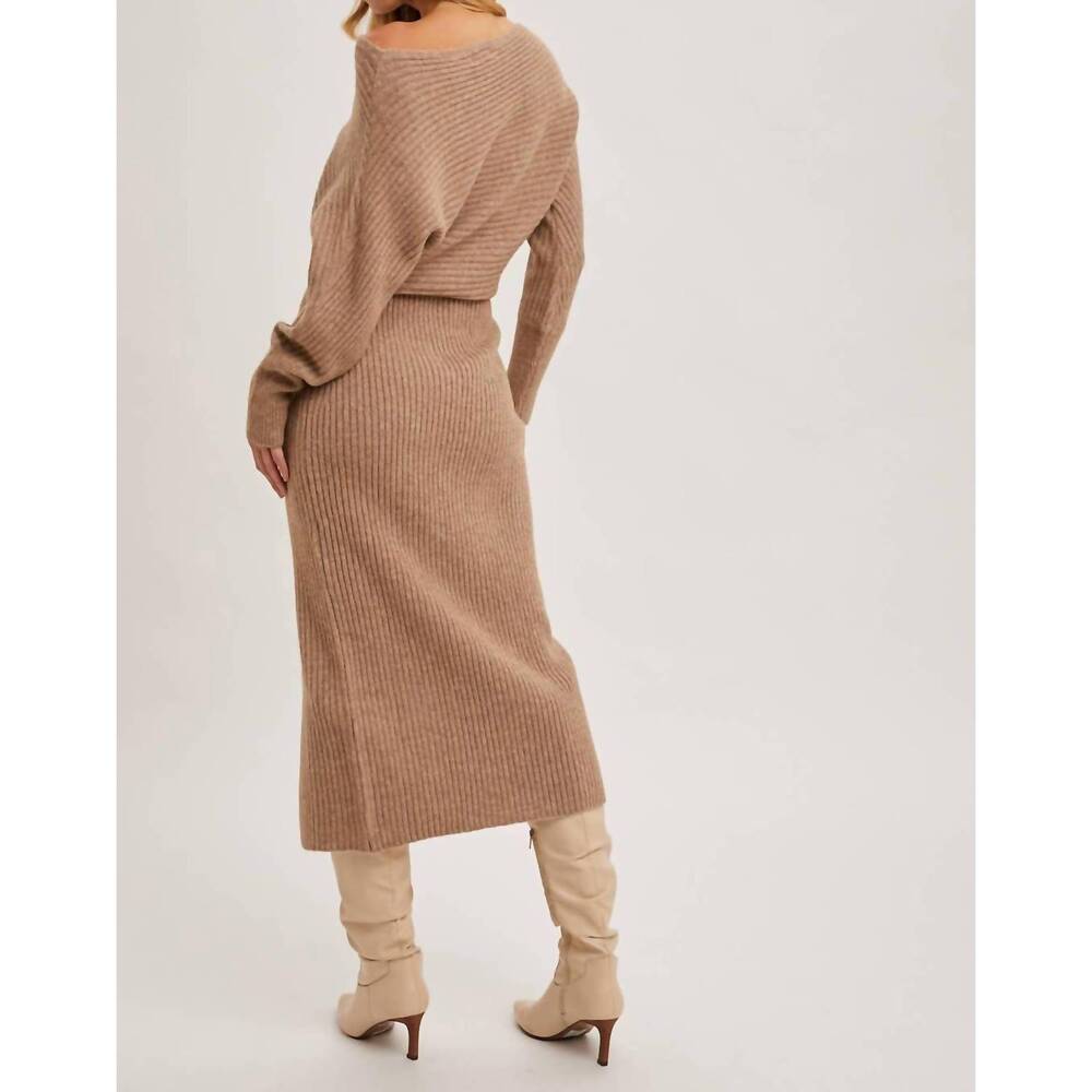 NEW BLUIVY one shoulder off side slit midi knit sweater dress in latte - Picture 3 of 8